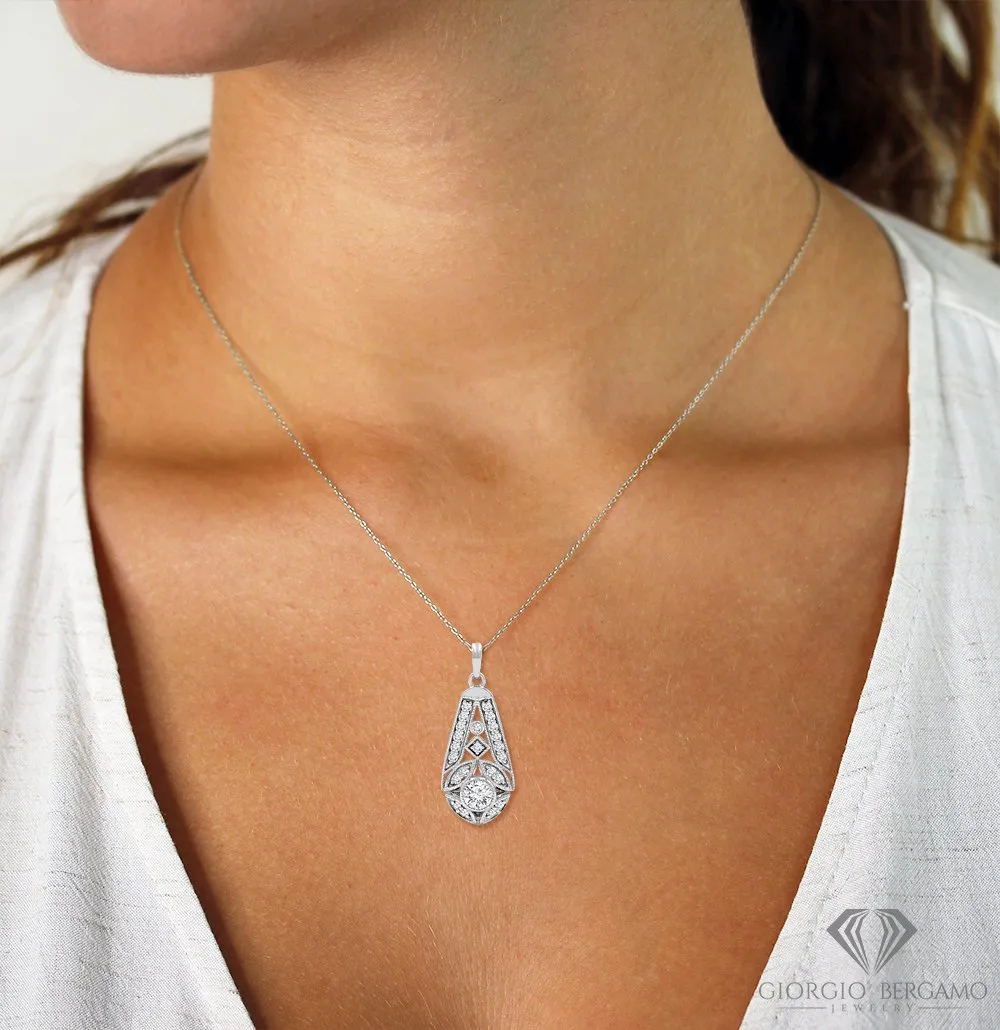 1.40 CTTW Moissanite Open Work Drop Pendant in 925 Sterling Silver