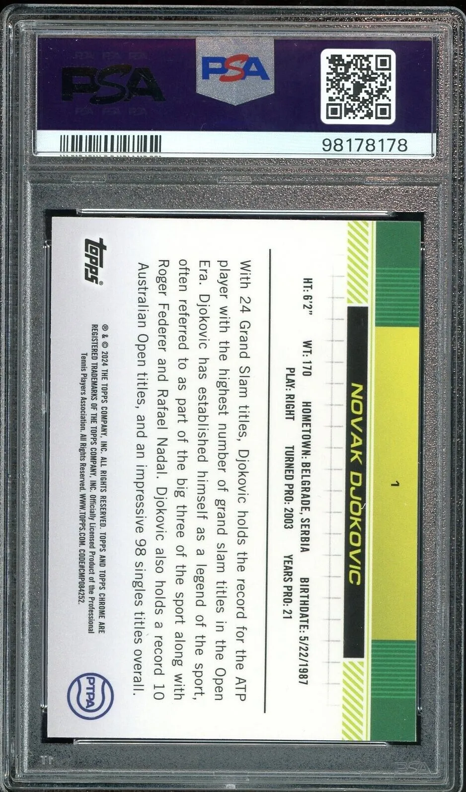 2024 Topps Chrome Sapphire Tennis Green /125 #1 Novak Djokovic PSA 10 GEM MINT