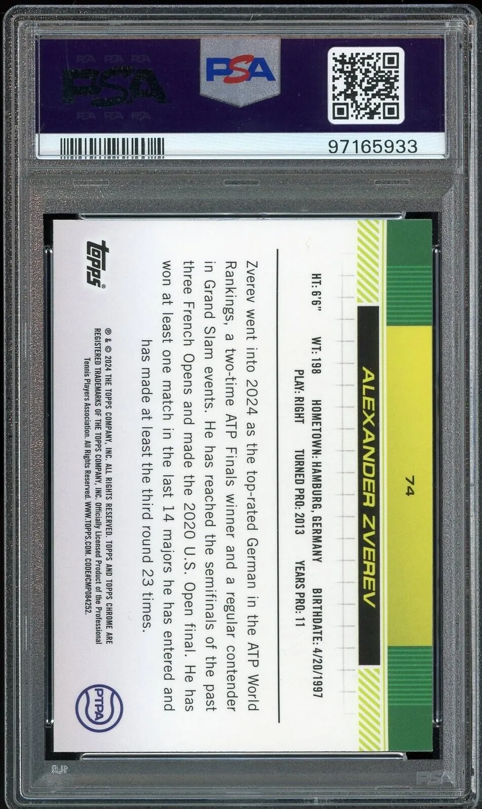 2024 Topps Chrome Tennis #74 Alexander Zverev  RC 1st PSA 10 GEM MINT
