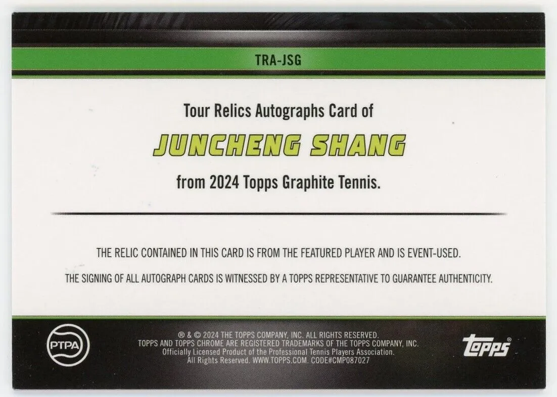 2024 Topps Graphite Tennis Shang Juncheng Auto Tour Relic Green Refractor /75