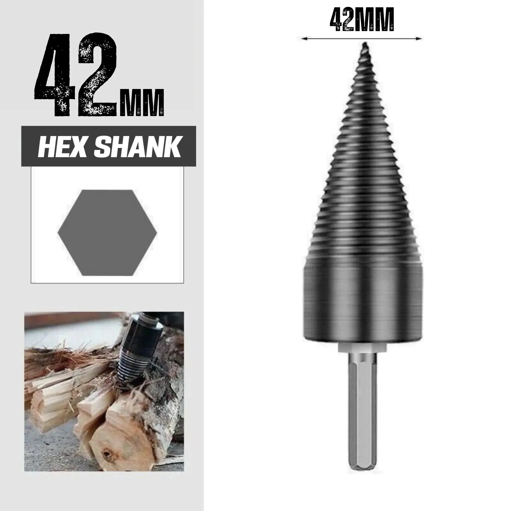 42MM Firewood Drill Bit | Wood Log Splitting Cone | Hex Shank