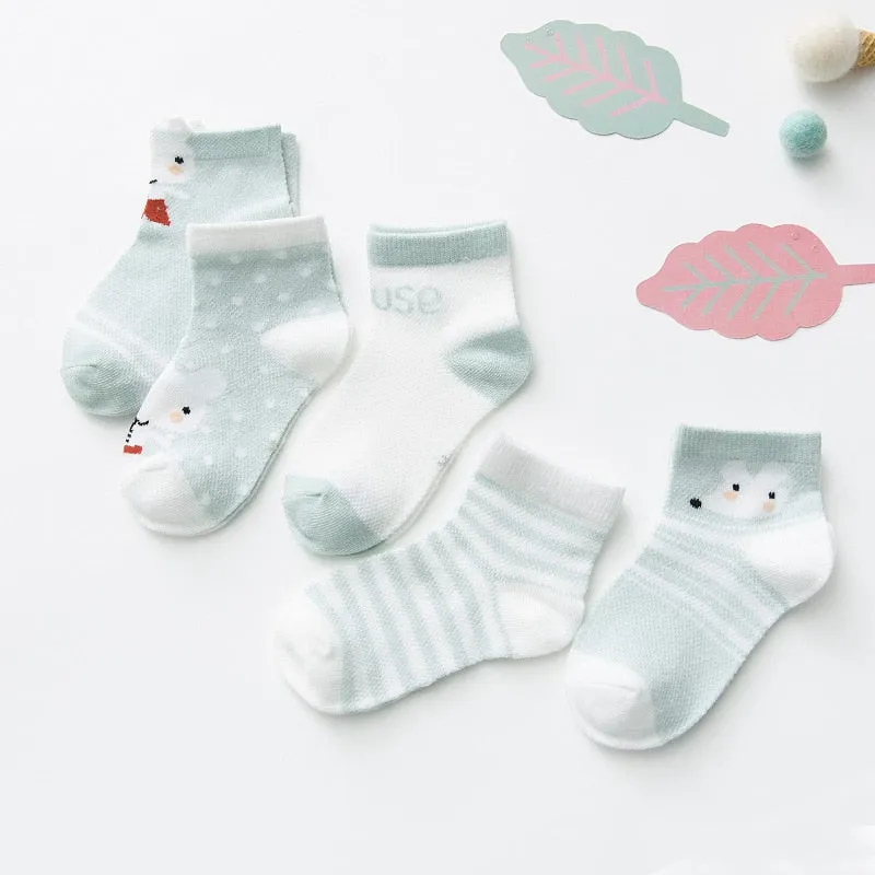 5 pairs/pack Kids Mesh Cotton Cute Socks - Blue, Green, Pink, Yellow
