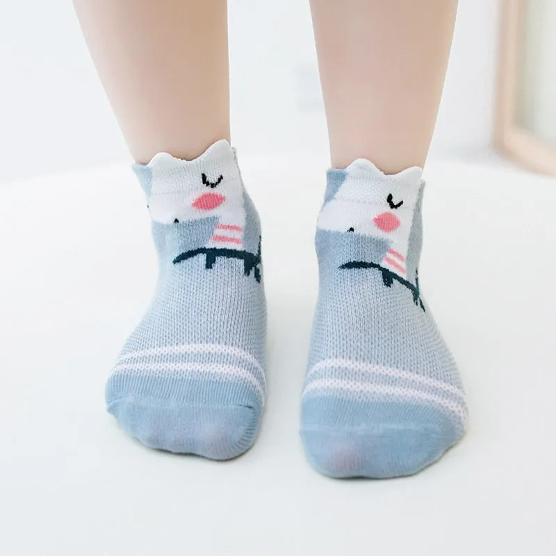 5 pairs/pack Kids Mesh Cotton Cute Socks - Blue, Green, Pink, Yellow