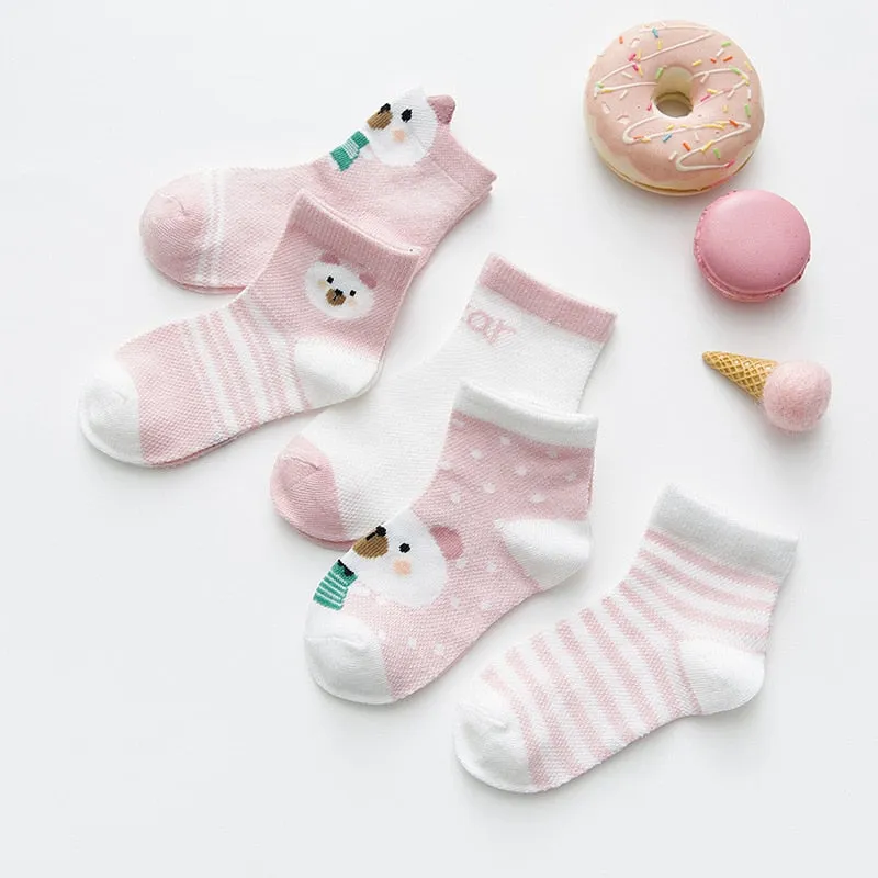 5 pairs/pack Kids Mesh Cotton Cute Socks - Blue, Green, Pink, Yellow