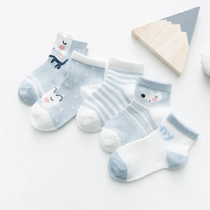 5 pairs/pack Kids Mesh Cotton Cute Socks - Blue, Green, Pink, Yellow