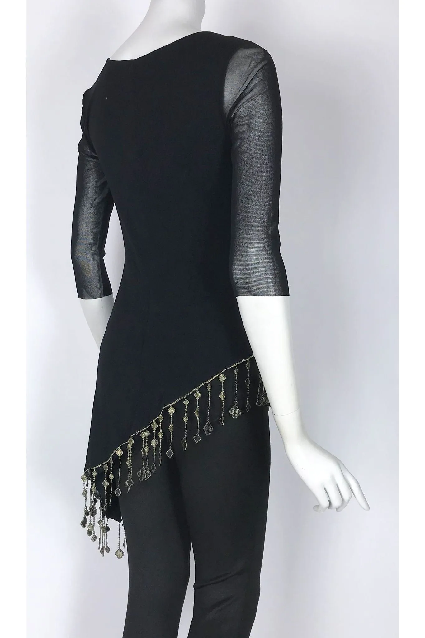 AIDA Crew Neckline Slanted Trimmed Hem 3/4 Sheer Sleeve Tunic Top Black