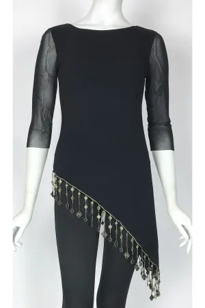 AIDA Crew Neckline Slanted Trimmed Hem 3/4 Sheer Sleeve Tunic Top Black