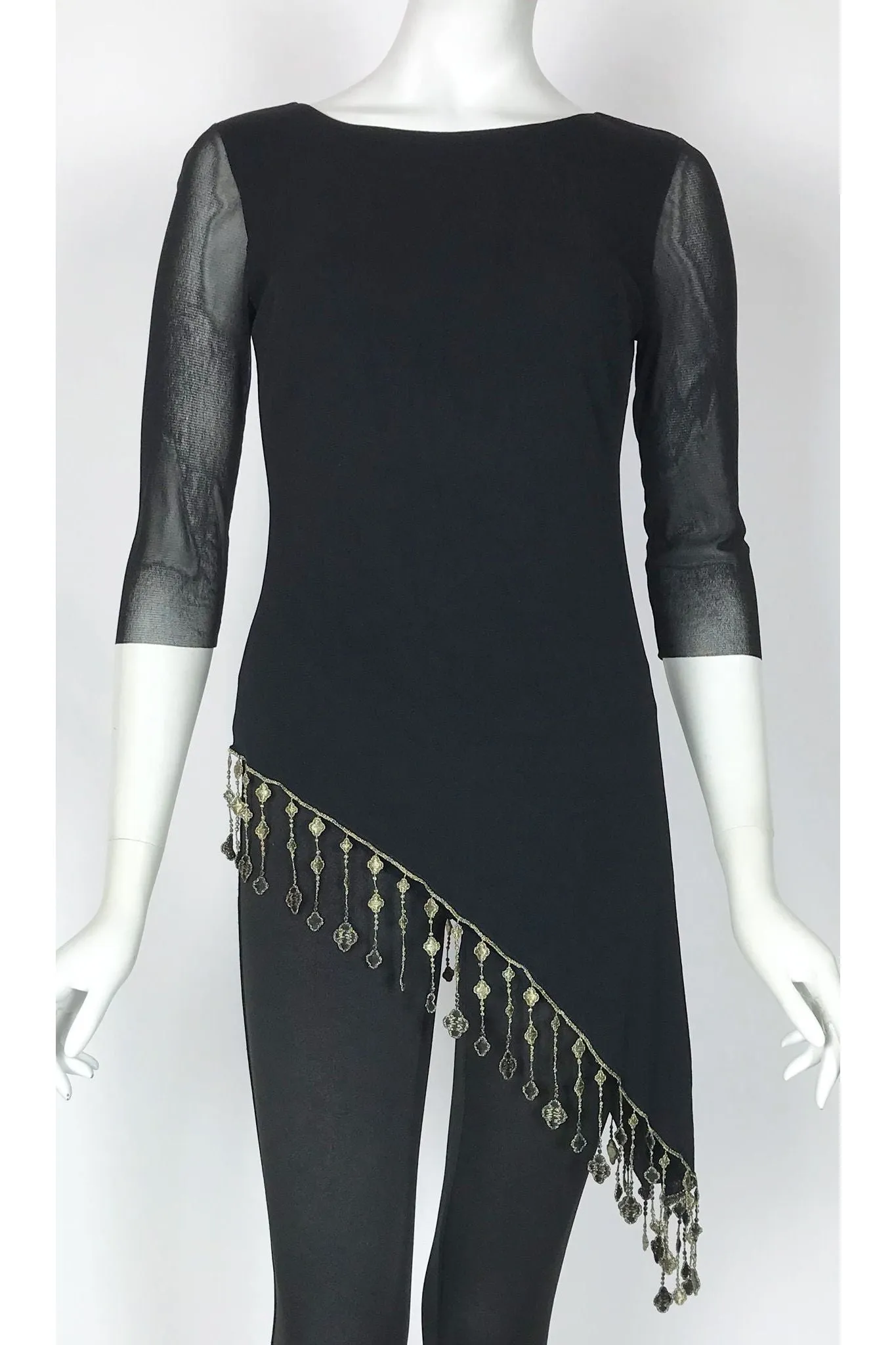 AIDA Crew Neckline Slanted Trimmed Hem 3/4 Sheer Sleeve Tunic Top Black