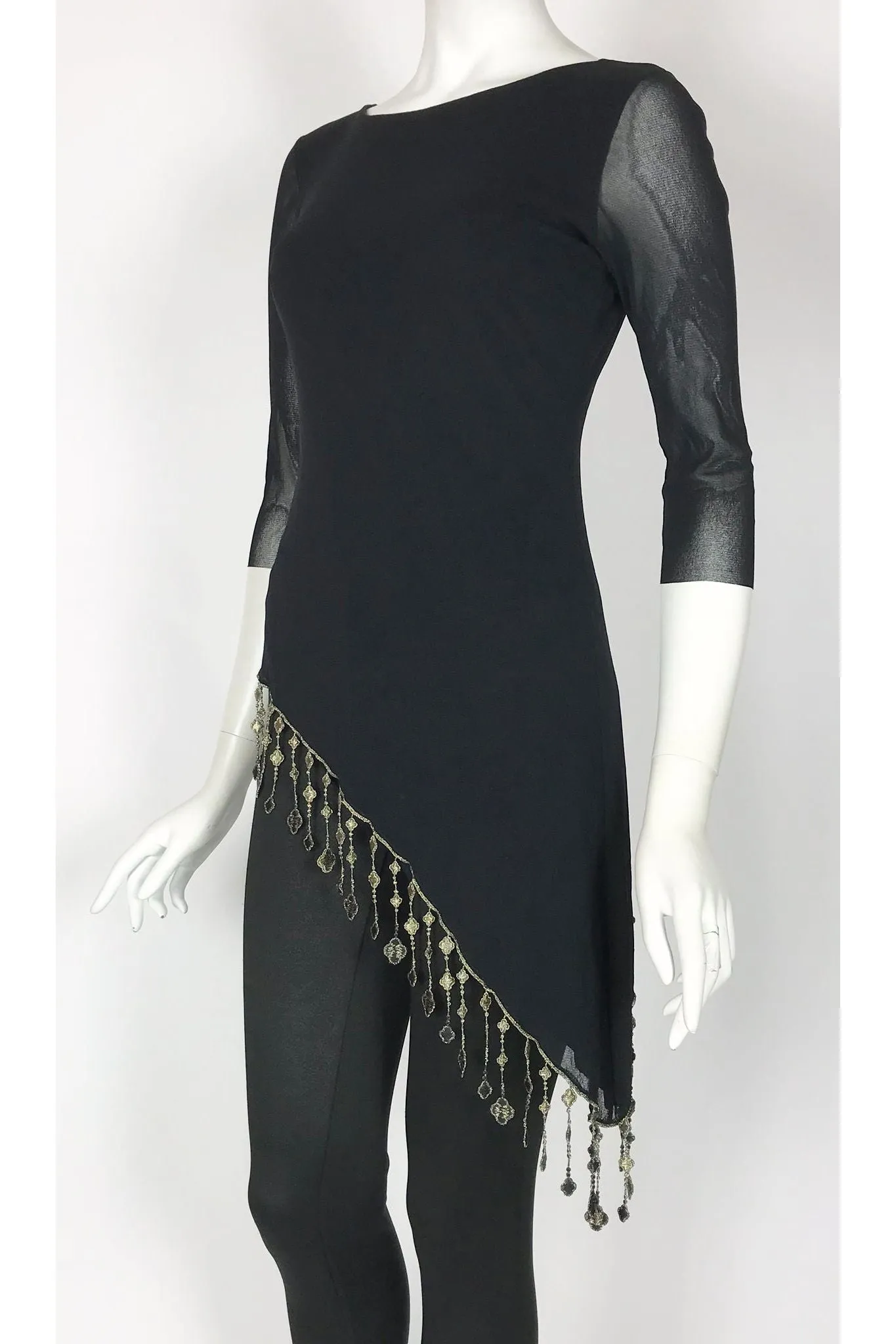 AIDA Crew Neckline Slanted Trimmed Hem 3/4 Sheer Sleeve Tunic Top Black