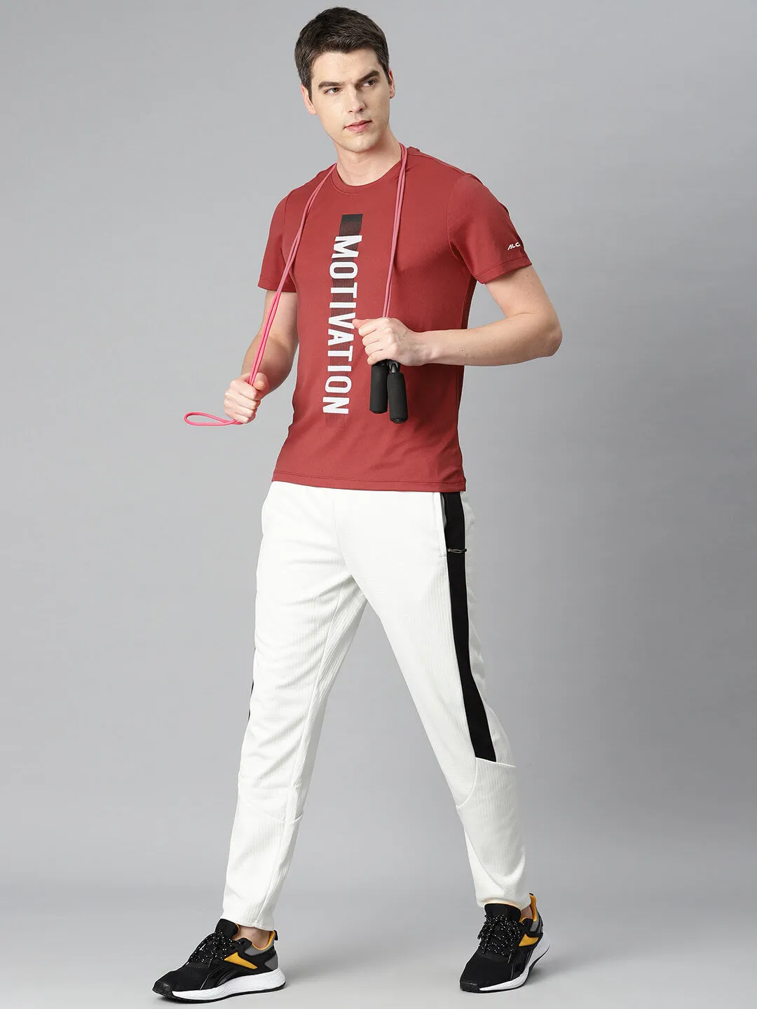 Alcis Men Red Typography Printed Anti Static Slim Fit Sports T-shirt