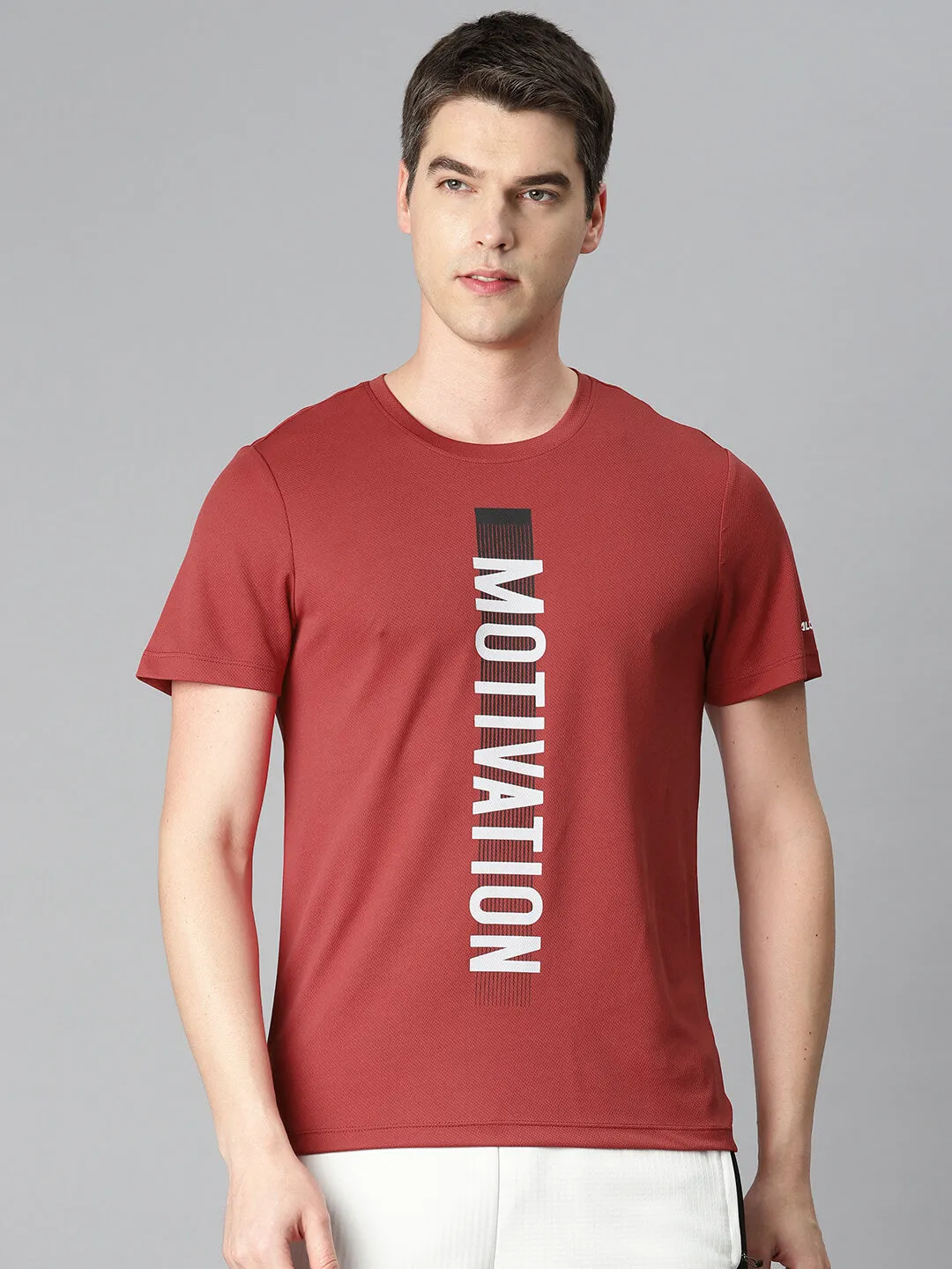Alcis Men Red Typography Printed Anti Static Slim Fit Sports T-shirt