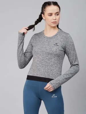 Alcis Women Grey Melange Solid Round Neck Training T-shirt