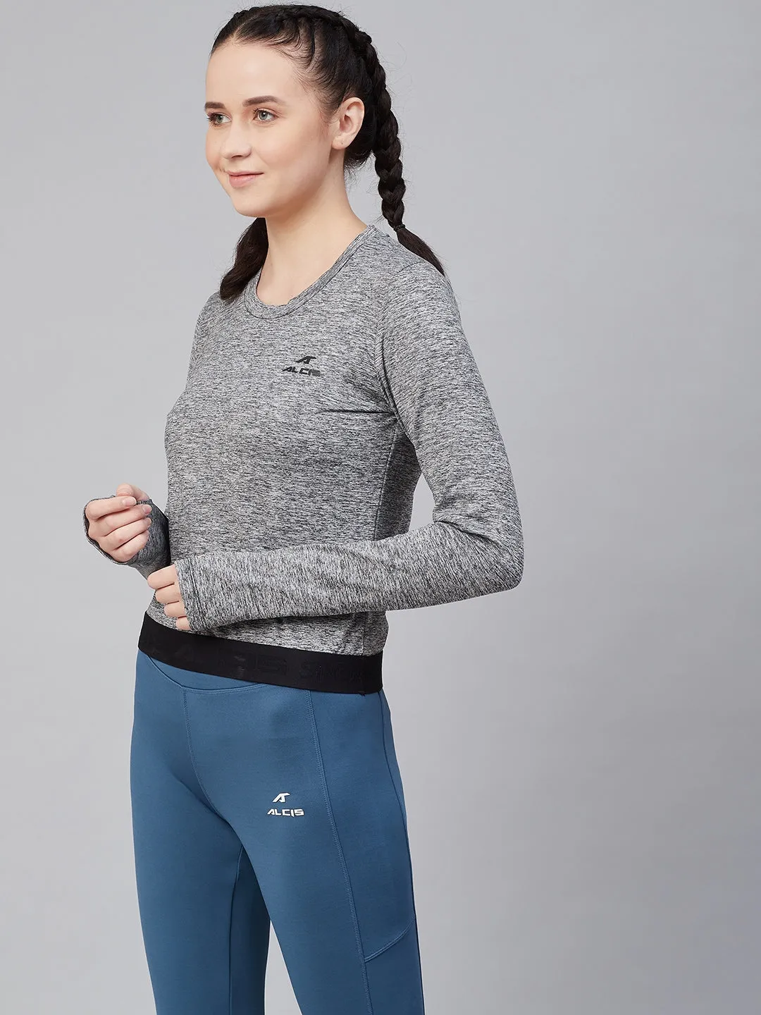 Alcis Women Grey Melange Solid Round Neck Training T-shirt