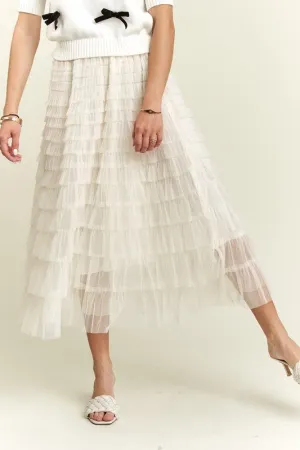 Beige Elastic Waist Layered Mesh Midi Skirt
