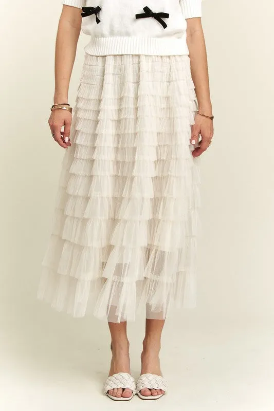 Beige Elastic Waist Layered Mesh Midi Skirt