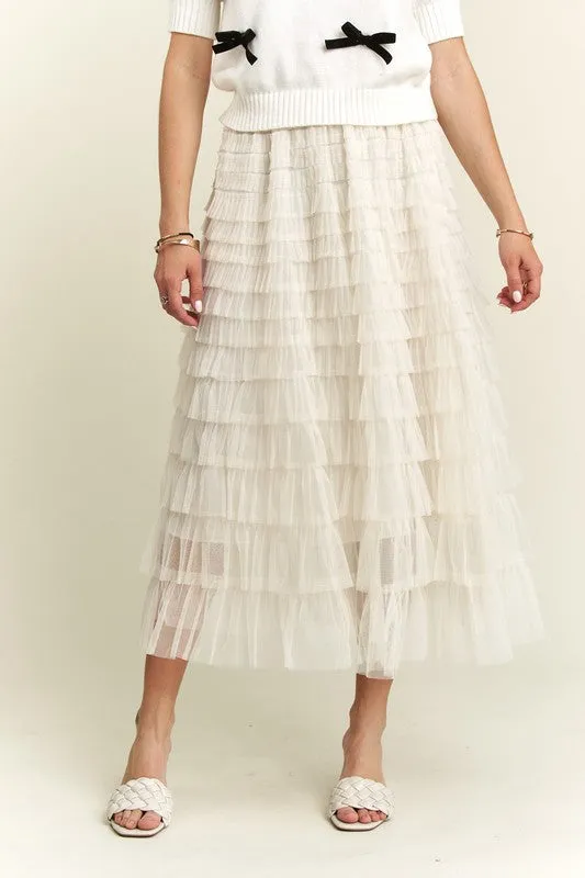 Beige Elastic Waist Layered Mesh Midi Skirt