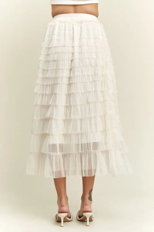 Beige Elastic Waist Layered Mesh Midi Skirt