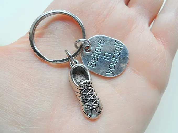 Believe in Yourself Keychain with Running Shoe Charm, Track or Cross Country Runner Fitness Encouragement Keychain