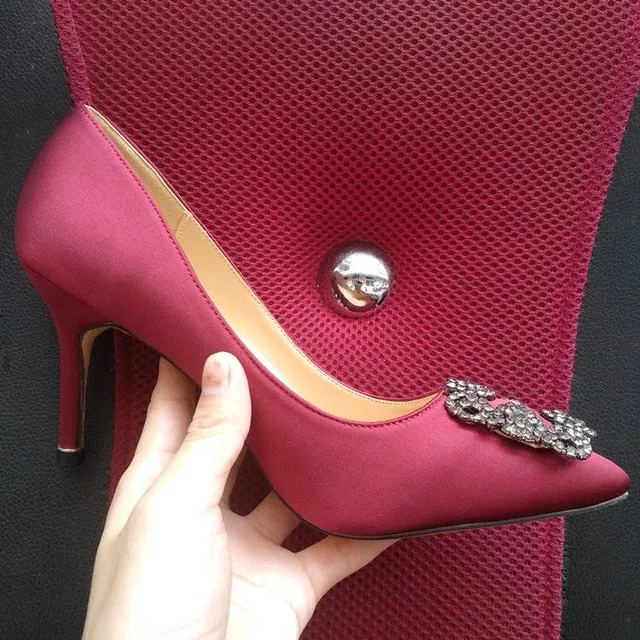 Black Satin Cloth Rhinestones High Heels Shoes Woman Pumps Basic 2021 Diamond Heels Work Shoes Fashion Party Sexy Women Shoes