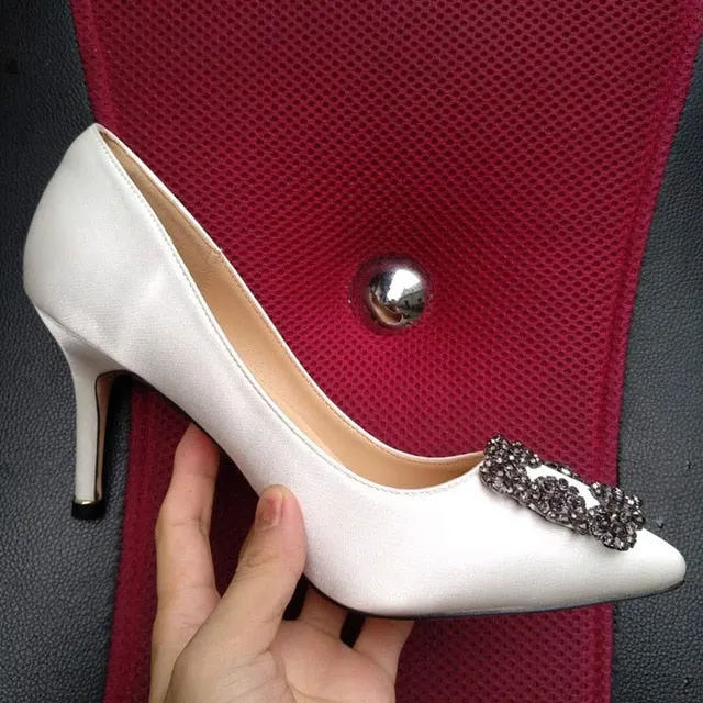 Black Satin Cloth Rhinestones High Heels Shoes Woman Pumps Basic 2021 Diamond Heels Work Shoes Fashion Party Sexy Women Shoes