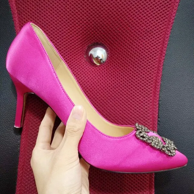 Black Satin Cloth Rhinestones High Heels Shoes Woman Pumps Basic 2021 Diamond Heels Work Shoes Fashion Party Sexy Women Shoes