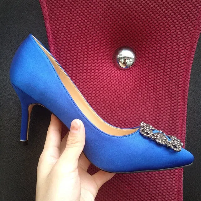 Black Satin Cloth Rhinestones High Heels Shoes Woman Pumps Basic 2021 Diamond Heels Work Shoes Fashion Party Sexy Women Shoes