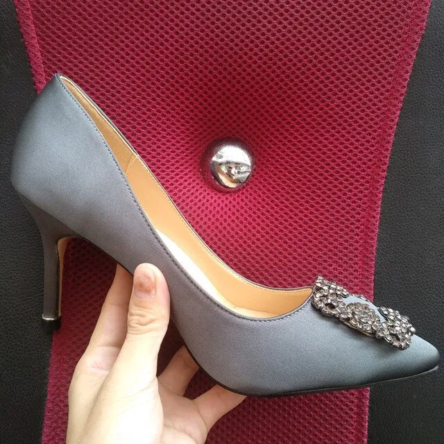 Black Satin Cloth Rhinestones High Heels Shoes Woman Pumps Basic 2021 Diamond Heels Work Shoes Fashion Party Sexy Women Shoes