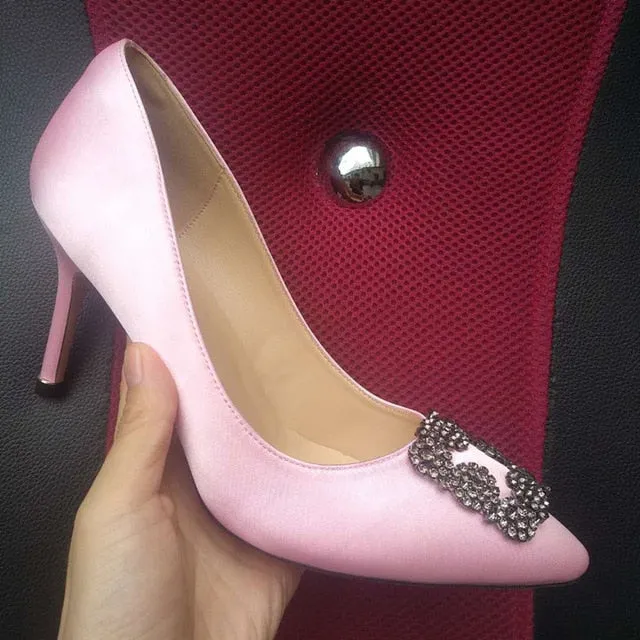 Black Satin Cloth Rhinestones High Heels Shoes Woman Pumps Basic 2021 Diamond Heels Work Shoes Fashion Party Sexy Women Shoes