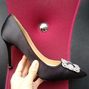 Black Satin Cloth Rhinestones High Heels Shoes Woman Pumps Basic 2021 Diamond Heels Work Shoes Fashion Party Sexy Women Shoes