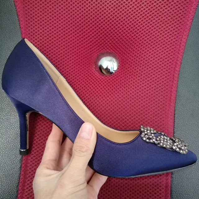 Black Satin Cloth Rhinestones High Heels Shoes Woman Pumps Basic 2021 Diamond Heels Work Shoes Fashion Party Sexy Women Shoes