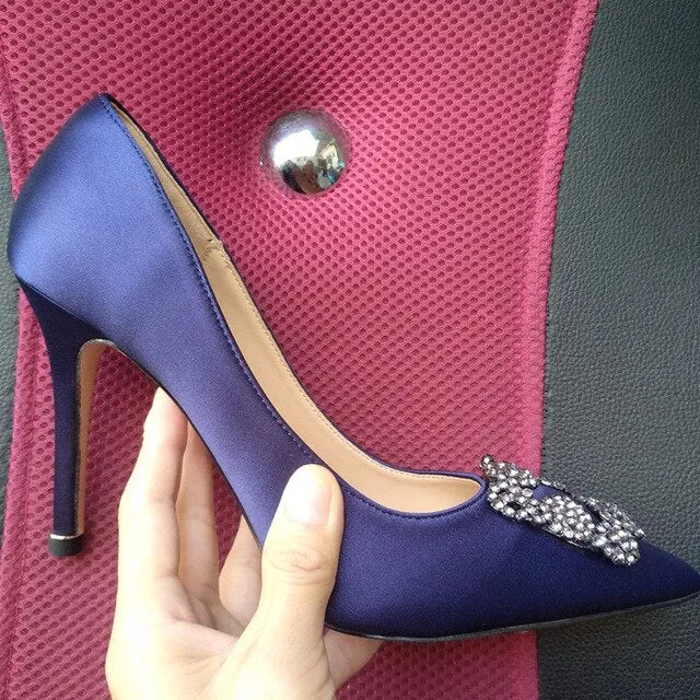 Black Satin Cloth Rhinestones High Heels Shoes Woman Pumps Basic 2021 Diamond Heels Work Shoes Fashion Party Sexy Women Shoes