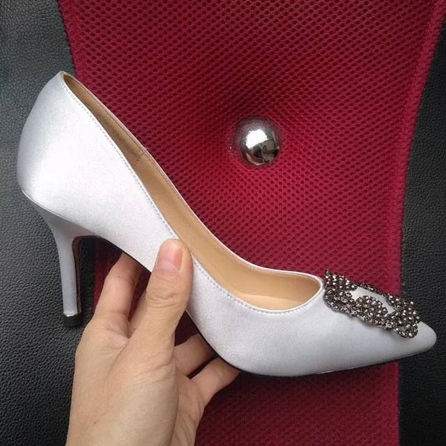 Black Satin Cloth Rhinestones High Heels Shoes Woman Pumps Basic 2021 Diamond Heels Work Shoes Fashion Party Sexy Women Shoes