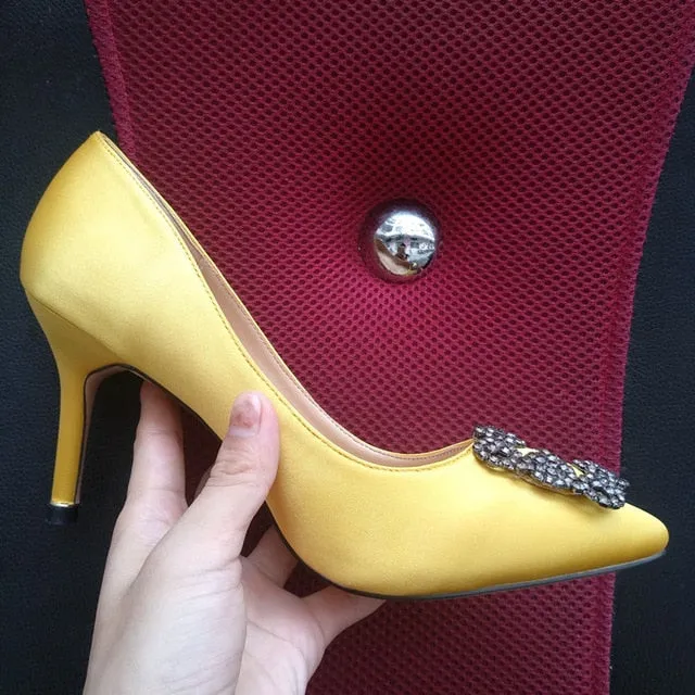 Black Satin Cloth Rhinestones High Heels Shoes Woman Pumps Basic 2021 Diamond Heels Work Shoes Fashion Party Sexy Women Shoes