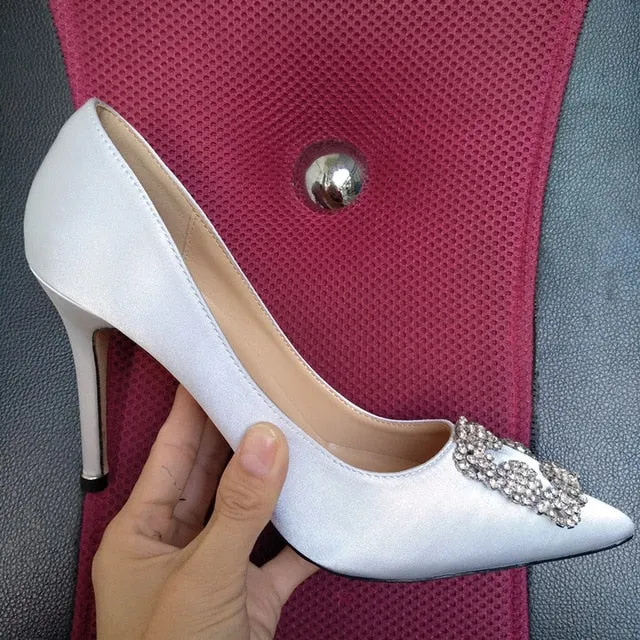 Black Satin Cloth Rhinestones High Heels Shoes Woman Pumps Basic 2021 Diamond Heels Work Shoes Fashion Party Sexy Women Shoes