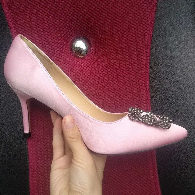 Black Satin Cloth Rhinestones High Heels Shoes Woman Pumps Basic 2021 Diamond Heels Work Shoes Fashion Party Sexy Women Shoes