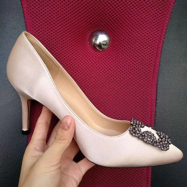 Black Satin Cloth Rhinestones High Heels Shoes Woman Pumps Basic 2021 Diamond Heels Work Shoes Fashion Party Sexy Women Shoes