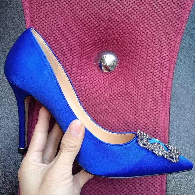 Black Satin Cloth Rhinestones High Heels Shoes Woman Pumps Basic 2021 Diamond Heels Work Shoes Fashion Party Sexy Women Shoes