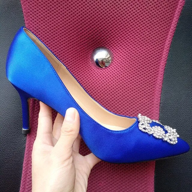 Black Satin Cloth Rhinestones High Heels Shoes Woman Pumps Basic 2021 Diamond Heels Work Shoes Fashion Party Sexy Women Shoes
