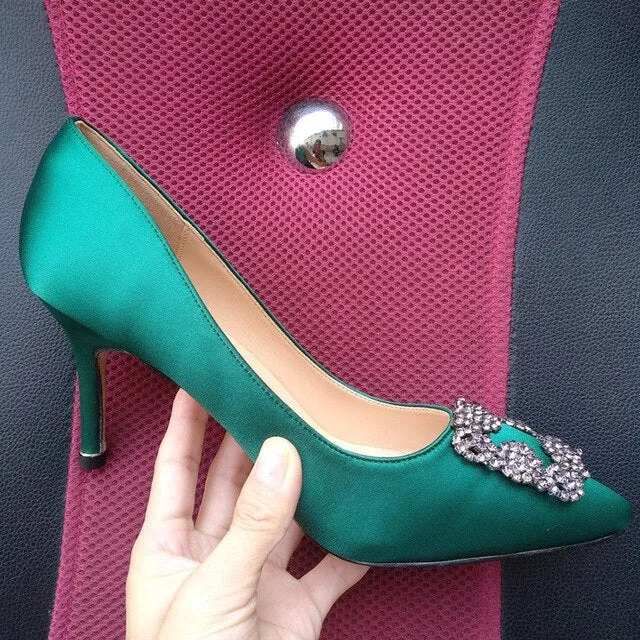 Black Satin Cloth Rhinestones High Heels Shoes Woman Pumps Basic 2021 Diamond Heels Work Shoes Fashion Party Sexy Women Shoes