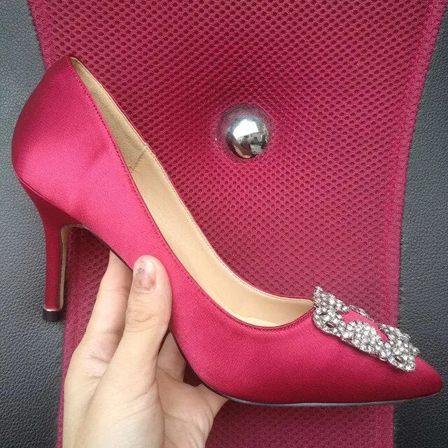 Black Satin Cloth Rhinestones High Heels Shoes Woman Pumps Basic 2021 Diamond Heels Work Shoes Fashion Party Sexy Women Shoes