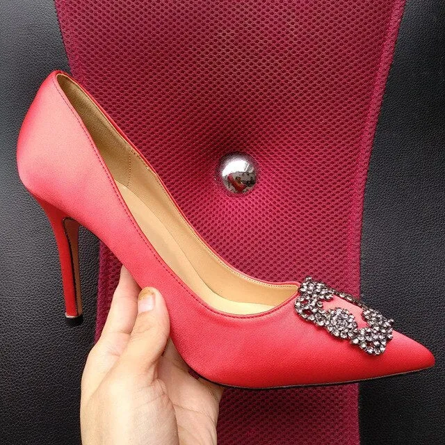 Black Satin Cloth Rhinestones High Heels Shoes Woman Pumps Basic 2021 Diamond Heels Work Shoes Fashion Party Sexy Women Shoes