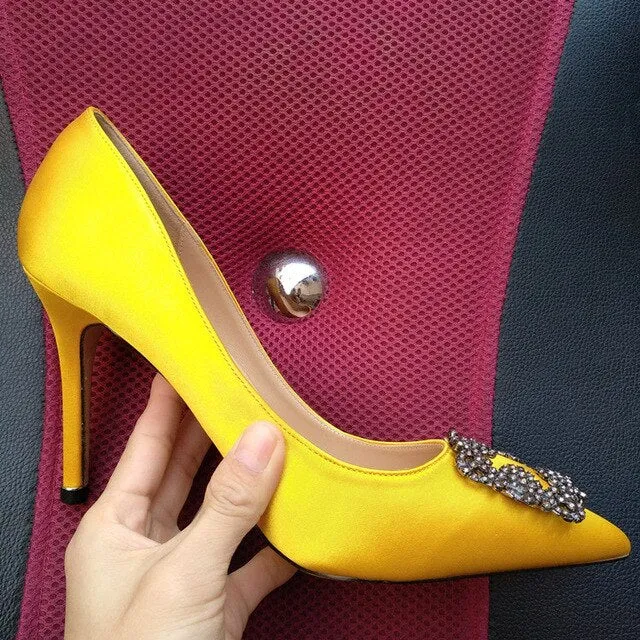 Black Satin Cloth Rhinestones High Heels Shoes Woman Pumps Basic 2021 Diamond Heels Work Shoes Fashion Party Sexy Women Shoes