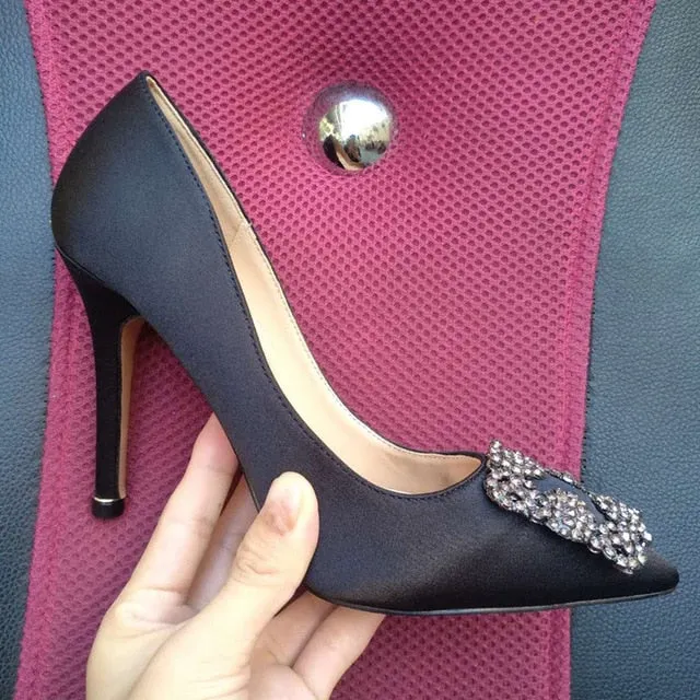 Black Satin Cloth Rhinestones High Heels Shoes Woman Pumps Basic 2021 Diamond Heels Work Shoes Fashion Party Sexy Women Shoes