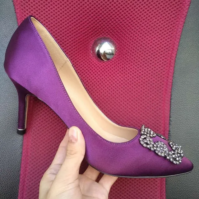 Black Satin Cloth Rhinestones High Heels Shoes Woman Pumps Basic 2021 Diamond Heels Work Shoes Fashion Party Sexy Women Shoes