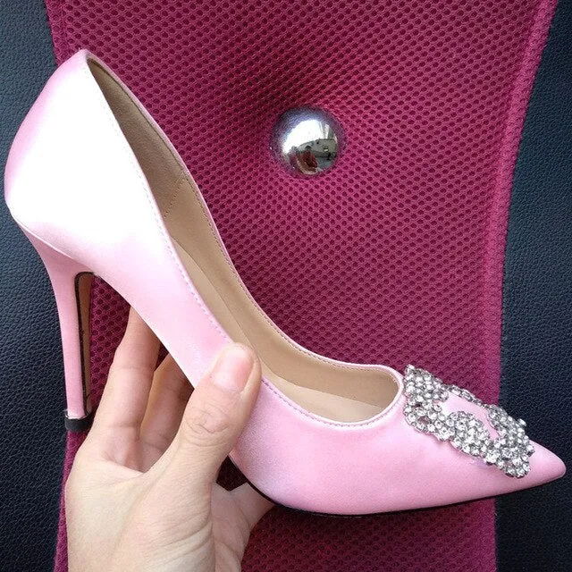 Black Satin Cloth Rhinestones High Heels Shoes Woman Pumps Basic 2021 Diamond Heels Work Shoes Fashion Party Sexy Women Shoes