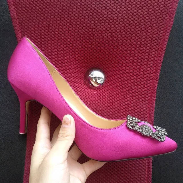 Black Satin Cloth Rhinestones High Heels Shoes Woman Pumps Basic 2021 Diamond Heels Work Shoes Fashion Party Sexy Women Shoes