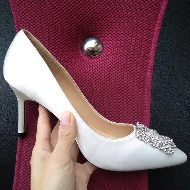 Black Satin Cloth Rhinestones High Heels Shoes Woman Pumps Basic 2021 Diamond Heels Work Shoes Fashion Party Sexy Women Shoes