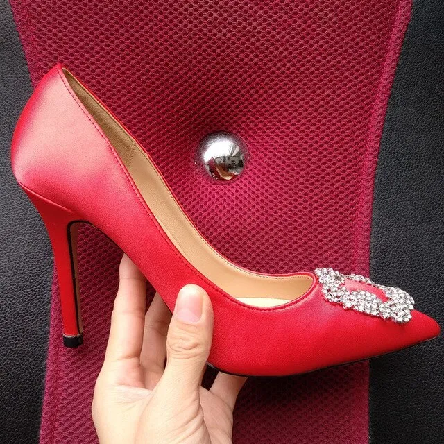 Black Satin Cloth Rhinestones High Heels Shoes Woman Pumps Basic 2021 Diamond Heels Work Shoes Fashion Party Sexy Women Shoes