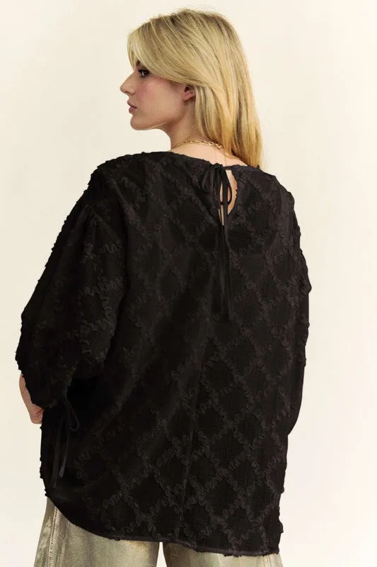 Black Tied Round Neck Mesh Blouse