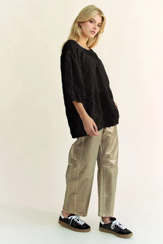 Black Tied Round Neck Mesh Blouse